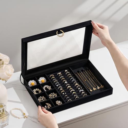 bussdis Glass Lid Jewelry Organizer Box – Black Velvet Jewelry Case with Ring Slots, Necklace Hooks & Removable Compartments for Earrings, Rings & Bracelets - color: Black