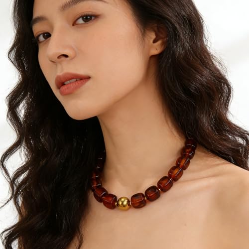 Colorful Beaded Choker Necklace for Women Boho Large Square Acrylic Beaded Necklace Adjustable Surfer Beach Strand Necklces Summer Jewelry Accessories - color: Brown