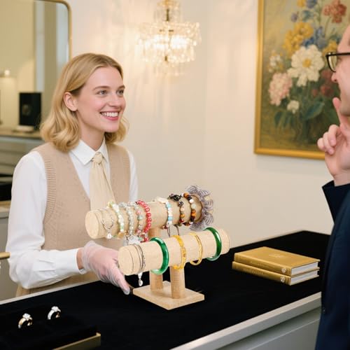 Two-layer T-shaped jewelry organizer, specifically designed for the display and organization of bracelets, bangles.Simple and elegant (Yellow Linen) - color: Yellow Linen