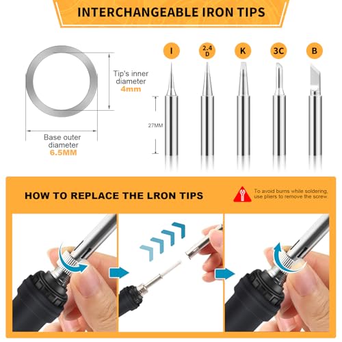 Soldering Iron Kit Electronics, 60W Adjustable Temperature Welding Tool, 5pcs Soldering Tips, Desoldering Pump, Soldering Iron Stand, Tweezers - color: Orange