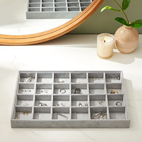 Juvale Velvet Jewelry Organizer Tray - Earring Tray Insert with 24 Compartments - Stackable Jewelry Drawer Organizer - Includes Bracelet Holder Slots - Gray, 14 x 10 in - size: 24 Grids