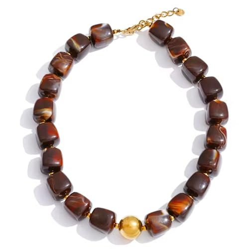 Colorful Beaded Choker Necklace for Women Boho Large Square Acrylic Beaded Necklace Adjustable Surfer Beach Strand Necklces Summer Jewelry Accessories - color: Dark brown