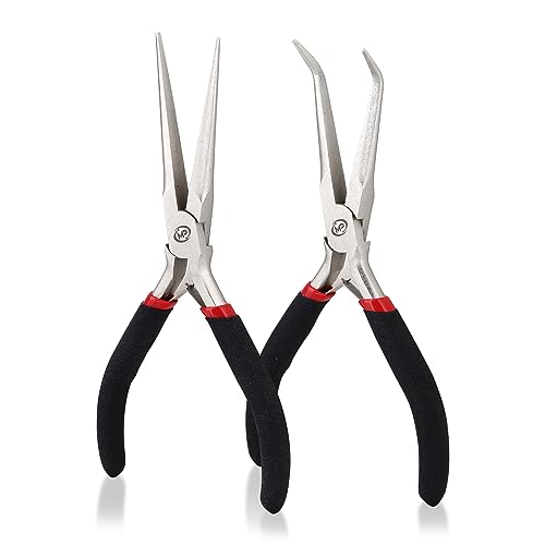 Premium 6 Inch Mini Needle Nose Pliers Set - 2 PCs Bent and Straight Long Nose Pliers with Comfort Grip - Non-Serrated Rust-Proof Long Reach Jewelry Pliers for Jewelry Making, Handmade Craft