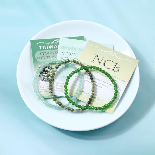 NCB 2.3-Piece 4mm Natural Crystal Gemstone Stretch Bracelets – Handmade Reiki Energy Healing Jewelry for Meditation,Yoga, Unisex - color: 3PCS ( Green Jade+Green Aventurine+Taiwan Jade ), size: 4mm