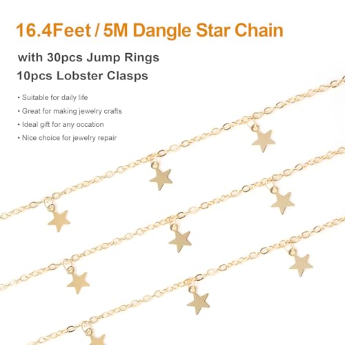 Kyutong 5 Meters Gold Chain for Jewelry Making Dangling Star Cable Chain Links Women Necklace Chain Bulk with Lobster Clasps Jump Rings for Jewelry Making Supplies - color: Gold Star