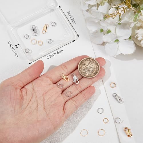 Beebeecraft 1 Box 6Pcs Lobster Claw Clasp with 2 Sizes Jump Rings 18K Gold & Platinum Plated Brass Necklace Clasps for Jewelry Bracelet Extender - color: Gold and Silver