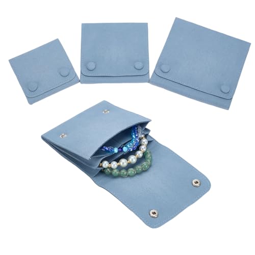 arricraft 3 Pcs Microfiber Jewelry Rolls Bags, 3 sizes Square Portable Travel Wrist Watch Pouches Bag Case with Snap Button Organizer for Bracelet Rings Necklace for Traveling Gifting, Blue - color: Blue