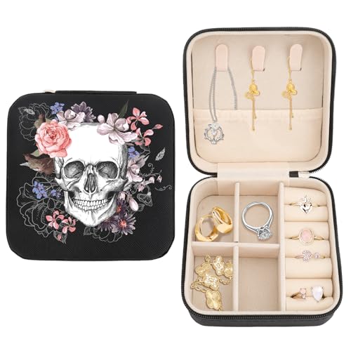 Skull Sugar Flowers Black Jewelry Box Portable Travel Jewelry Case Jewellery Organizer Storage Travel Essentials Earrings Box Ring Case Halloween Gifts for Women Girlboo Basket Stuffers - color: Skull Sugar Flowers