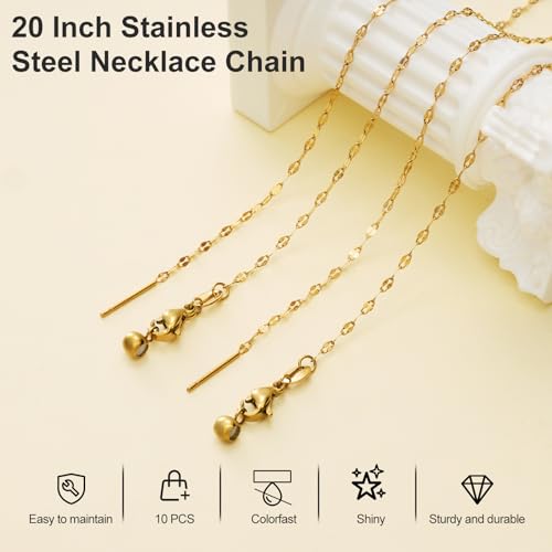 Crisjanggo 10 Pcs Gold Plated Necklace Bulk 20 Inch Adjustable Stainless Steel Lip Chain for Jewelry Making with Adjust Clasp for Women - color: Gold Lip