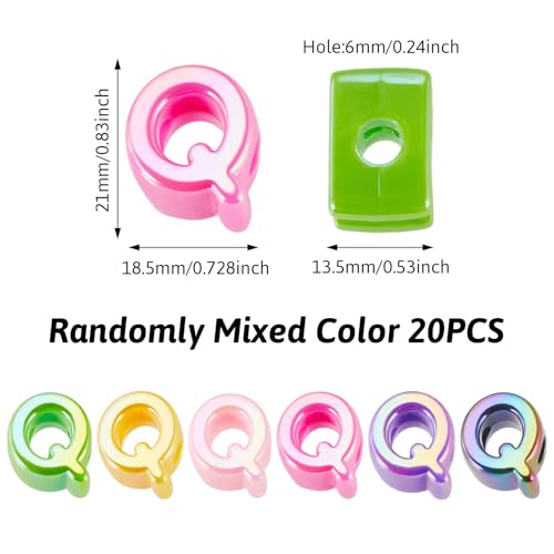 Beadthoven 20pcs Big Letter Q Beads Large Hole Bubble Alphabet Acrylic Beads Charm Iridescent Plastic Q Shape Loose Chunky Spacers for Jewelry Making Bracelet Necklace Keychains Shoelaces Crafts - color: Q