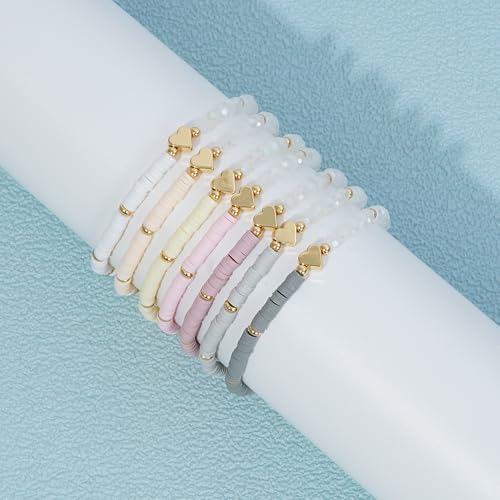 RISHEGAE Heishi Beaded Stretch Bracelets for Women Stackable Polymer Clay Beads Bracelets Friendship Boho Summer Beach Bracelet Jewelry Set - color: C-Small gray clay 7pcs