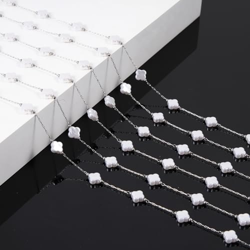 KYUNHOO 13 Feet Stainless Steel Silver Jewelry Making Chains Clover Leaf Shaped Faux Pearl Chain Roll with Jewelry Clasps for Handcraft DIY - color: Clover Silver