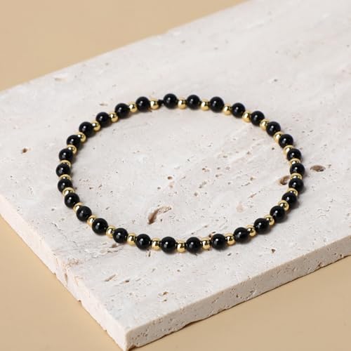 QOGIR 14k gold Handmade Healing Bracelet, Natural Gem Stone Crystal Elastic Gold Bracelet - color: Black Tourmaline - Psychic Protection, size: 4m