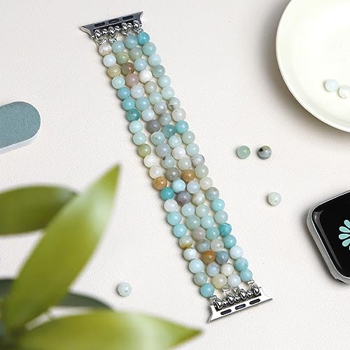 Newlibery Natural Stone Bracelet Beaded-Band Women Compatible with Apple Watch 42mm(S3/2/1) 44/45/46/49mm Feminine Handmade Stretch Strap for iWatch Series 11/10/9/8/7/6/5/4/3/2/1 SE 3/2/1 Ultra1/2/3 - color: A3 Light green and white, size: 46(S10/11)/49/