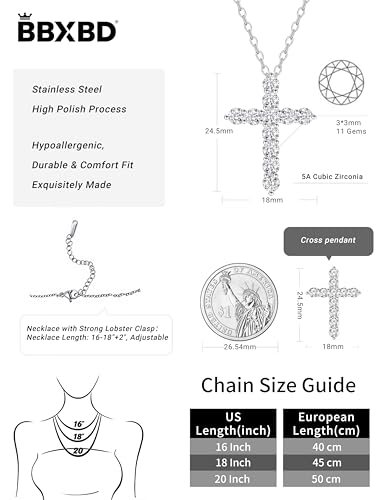 Stainless steel Cubic Zirconia Cross Necklace for Women Pendant with Chain 16"/18"+2" Perfect Jewelry Gifts for Birthday Christmas Mothers Day Wedding - size: 18+2 inches, style: Silver Cross