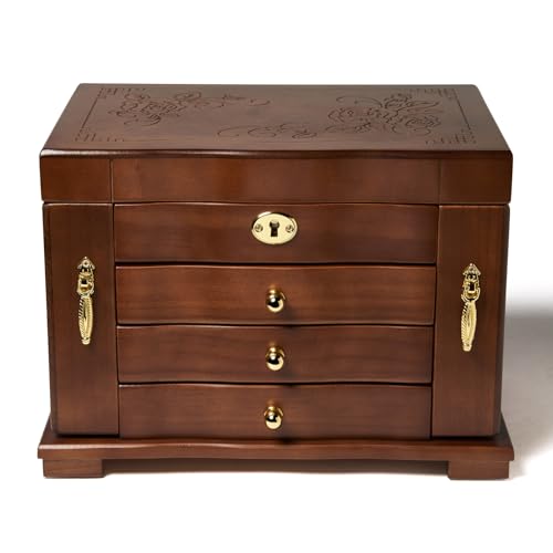 FEECOZ Wooden Jewelry Box for Women, Solid Wood Jewelry Organizer with Mirror and 3-Drawer, Ring,Necklacel,Vintage Style Storage Box with Lock (Dark Brown（Rose Pattern) - color: Dark Brown（Rose Pattern)