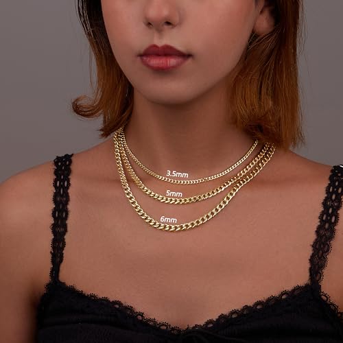 WomenGifts Cuban Link Chain Necklace for Women, Waterproof 14k Gold Silver Plated Chain Choker, Non Tarnish Stainless Steel Jewelry, 3.5/5/6/8/11mm,14/16/18 Inch Thin&Chunky&Thick - color: Gold, style: 5MM-16"