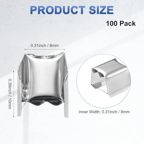 M METERXITY 100-Pack Fold Over Crimp End Caps, 0.4 x 0.3in/ 10 x 8mm Crimp Fasteners Ribbon Ends with Clamps for Jewelry Making/Leather Decor/DIY/Bracelets, Belt Buckle End Tip [Silver] - size: 0.4 x 0.3in/10 x 8mm