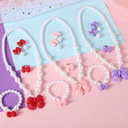 Princess Jewelry for Little Girls, Handmade Bow Pearl Kids Jewelry Set, Stretch Necklace Bracelets Rings and Clip on Earrings, Perfect for Dress Up, Birthday Parties, and Costume Play - color: Blue
