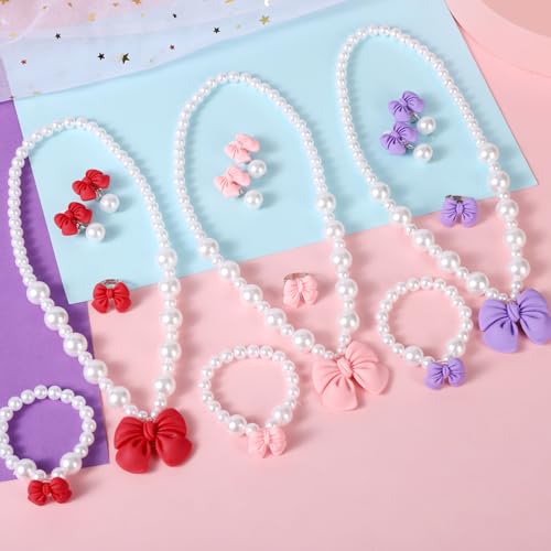 Princess Jewelry for Little Girls, Handmade Bow Pearl Kids Jewelry Set, Stretch Necklace Bracelets Rings and Clip on Earrings, Perfect for Dress Up, Birthday Parties, and Costume Play - color: Red
