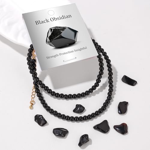 Crystal Choker Necklaces for Women,4mm Handmade Natural Stone Choker Beaded Necklace Healing Crystal Necklace Gemstone Bead Necklaces for Women - color: Black Obsidian