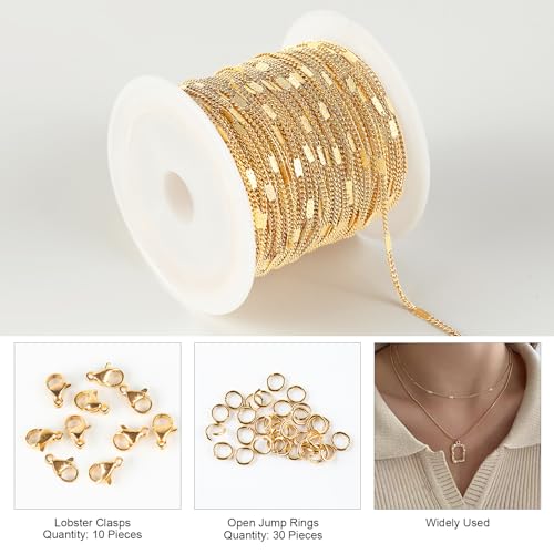 Kyutong 32.8 Feet Gold Plated Jewelry Making Chain on Spool Thin Flat Curb Chains Solid Stainless Steel Jewelry Chain for Necklace DIY with Jewelry Accessories - color: Flat Curb Gold