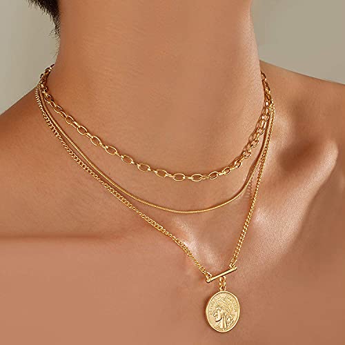 LANE WOODS Gold Plated Necklaces for Women - Multilayer Coin Medallion Pendant Necklace Adjustable Layering Choker Necklaces Chain Set Jewelry - style: Coin Medallion-Gold