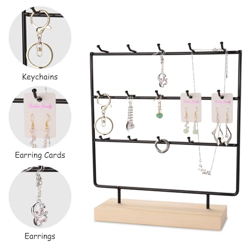 Earring Display Stands for Selling 3 Tier 15 Hooks Jewelry Display Wooden Base Earring Holder Organizer Display Stand for Necklaces Rings Bracelets Keychains (Black)
