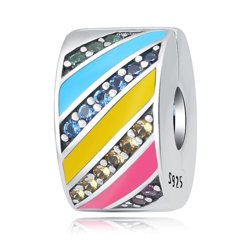 Spacer Stopper Beads for Bracelets & Necklaces, 925 Sterling Silver Beads | Smooth & Pave Cubic Zirconia (White, Blue, 18K Gold Plated) | Anti-Slide Separator Charms S925 Women Jewelry - color: Rainbow-Bead Charms