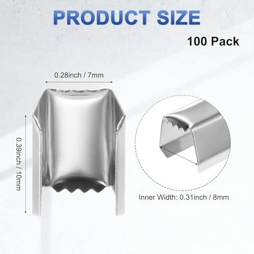 M METERXITY 100-Pack Fold Over Crimp End Caps, 0.4 x 0.3in/ 10 x 7mm Crimp Fasteners Ribbon Ends with Clamps for Jewelry Making/Leather Decor/DIY/Bracelets, Belt Buckle End Tip [Silver] - size: 0.4 x 0.3in/10 x 7mm