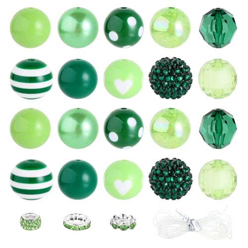 35 Pcs Chunky Bubblegum Beads 20mm Focal Pen Large Rhinestone Pearl Bead with Rhinestone Large Hole European Spacer Bead for DIY Beadable Pen School Jewelry Making Keychain Craft Making(Green) - color: Green