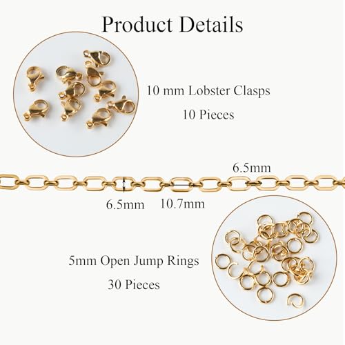 Jabogrii 3 Meters Gold Stainless Steel Jewelry Making Chains Bulk Oval Paperclip Chain for Jewelry Making - color: Paperclip Gold