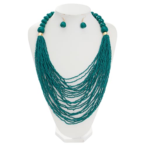 Bocar Necklace for Women, Multi Layer Statement Necklace, Long Chain Chunky Bib Seed Beads Necklace, Necklace Earring Set for Women Gift (NK-10693) - color: Teal-set