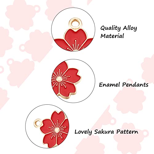 Beadthoven 100pcs Enamel Charms Cherry Blossom Daisy Flower Pendants Gold Plated Small Cute Bulk for Jewelry Making Bracelet Necklace Earrings Keychain DIY Accessories - color: Sakura Flower-Red