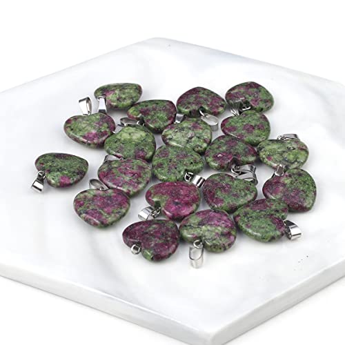LE SKY 20 Pcs natural stone pendants heart shape healing stone charms for jewelry making - color: epidote