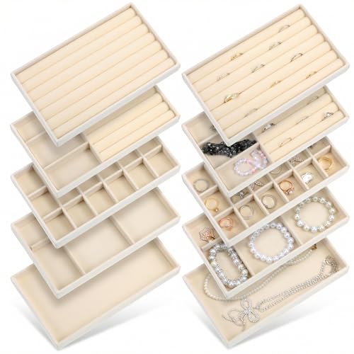 10 Pack Beige Jewelry Organizer Tray, Jewelry Drawer Organizer Inserts with Removable Dividers Stackable Velvet Ring Earring Storage for Rings Earrings Necklace Bracelet Watch Storage