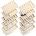10 Pack Beige Jewelry Organizer Tray, Jewelry Drawer Organizer Inserts with Removable Dividers Stackable Velvet Ring Earring Storage for Rings Earrings Necklace Bracelet Watch Storage
