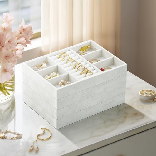 VLANDO 6 Grids & Rings Slot Jewelry Tray, Small Jewelry Organizer for Drawer, Stackable Jewelry Organizer Trays, Drawer Jewelry Organizer, Soft Lining DIY Combinations Tray - White