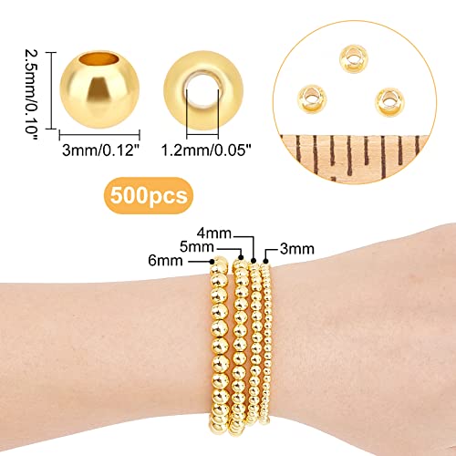 PH PandaHall 500pcs 3mm Gold Beads 18K Gold Plated Beads Long-Lasting Round Smooth Spacer Beads Seamless Loose Balls Mini Seed Beads for Summer Hawaii Stackable Necklace, Bracelet, Earring Making - size: 3mm