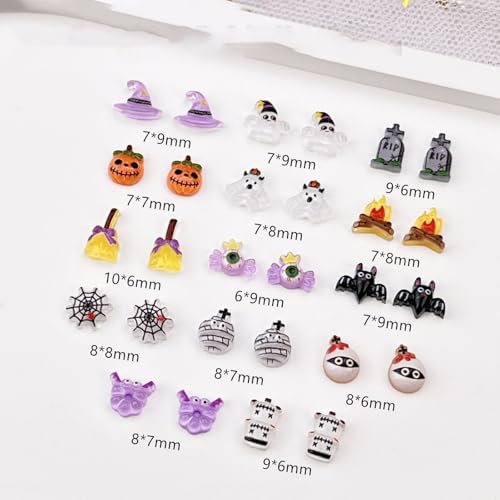 100Pcs Halloween Nail Art Charms Multi Shapes Colors 3D Pumpkin Torch Broom Nail Charms Cute Cartoon Bandage Web Ghost Tombstone Hat Nail Art Rhinestones Mini Flatback Nail Supplies for DIY Nails Art - color: Halloween-5