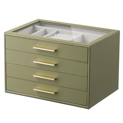 Jewelry Box Organizer Case for Women: 4-Layer Jewelry Storage Case with Glass Window, Olive Green Leather with Cream Velvet, Holder for Ring Necklace Bracelet Brooch Watch, Great Gift for Her - color: Green, size: 4 layer