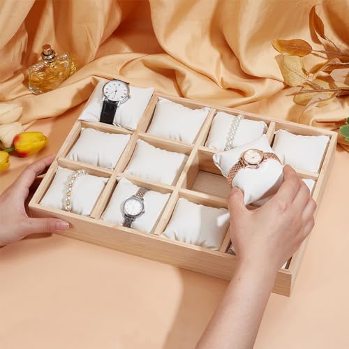 PH PandaHall 12 Slot Wooden Watch Organizer Tray Display Holder with Removable PU Leather Pillows, Stackable Jewelry Bracelet Storage Tray for Drawer Watch Display Showcase, White - color: White