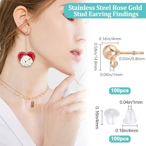 Beebeecraft 1 Box 100Pcs Ball Stud Earring Findings Stainless Steel Rose Gold Stud Post Earrings Components with Loop and 100Pcs Plastic Ear Nuts for Women Jewelry Making - color: Rose Gold, size: 4mm Ball