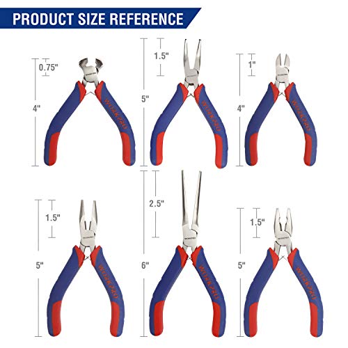 WORKPRO 6-piece Mini Pliers Set - Needle Nose, Diagonal, Long Nose, Bent Nose, End Cutting and Linesman, for Making Crafts, Repairing Electronic Devices, with Pouch - color: Blue