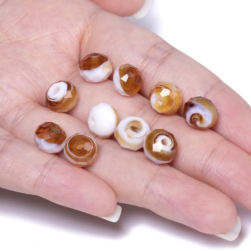 7.5×10mm 50pcs Brown White Facted Lampwork Glass Beads for Jewelry Making, Flat Round Handmade Murano Beads for Bracelets, Crafts, Friendship Bracelet Kit, Rosary Making - color: Brown White