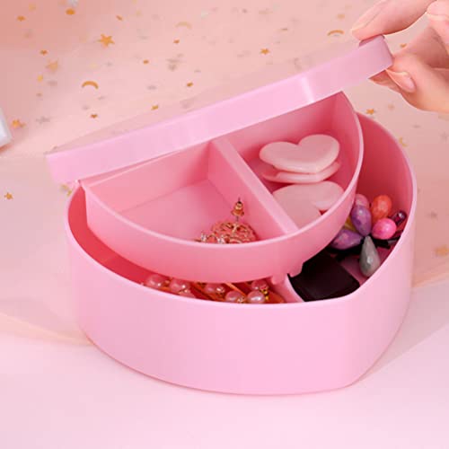 Cabilock 4 PCS Heart Shape Double Layer Jewelry Box with Mirror, Portable Jewelry Organizer Case for Earrings Rings Necklaces Desk Topper Organizer, Pink