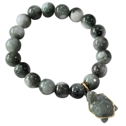 Natural Green Jade Bracelet 10mm Real Jade Beads with Turtle Charm, Feng Shui Protection Luck Wealth Bracelet, Spiritual Healing Stretch Bracelet Gift with Red Velvet Pouch