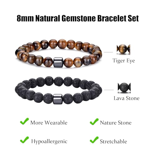 RANKEEF Tiger Eye Bracelet For Men 8MM Natural Stone Stretch Adjustable Black Crystal Beaded Bracelet for Men Women Gifts - color: 2,lava rock,tiger eye bracelet