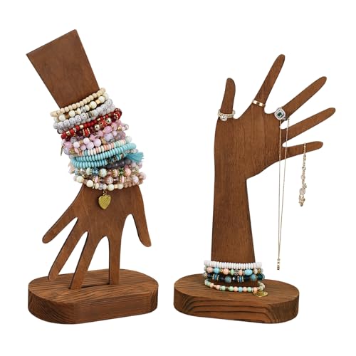 MOOCA 2 Pcs Set Multi-Functional Tabletop or Wall-Mountable Wooden Hand-Shaped Jewelry Display Stand For More Bracelet Storage, Premium Real Wood Sturdy Base, Brown Color - color: Brown, Long Hand