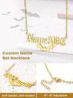 GoldChic JEWELRY Name Necklace Personalized for Men, Womens Custom Name Plate Chain, Stainless Steel Customized Old English Nameplate Choker with Curb Chains Custom, 16 inches to 30 inches - color: Rolo Chain(1.8 mm)&Bat- Gold